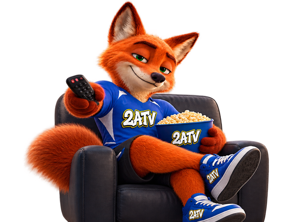 Mascote 2ATV relaxando com controle e pipoca